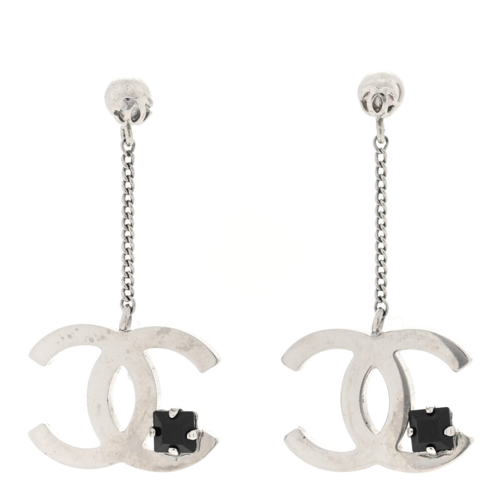 Crystal CC Dangle Earrings Silver Black