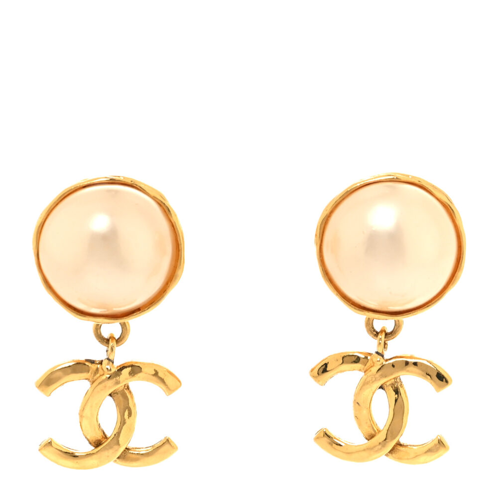 Pearl CC Dangle Clip On Earrings Gold